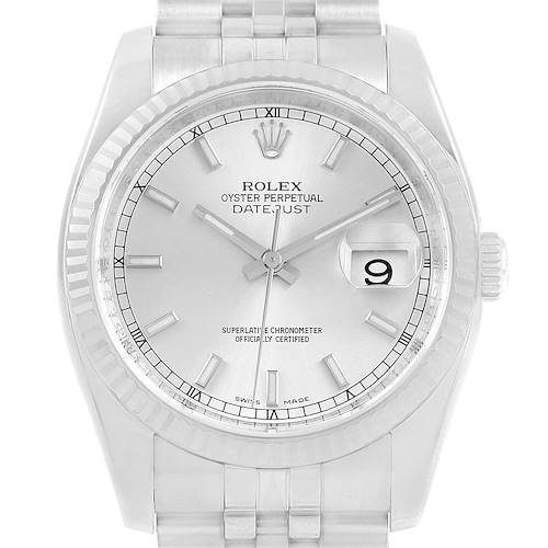 This image shows a frontal view of the Rolex Datejust 116234 Men's Stainless Steel Silver Dial 116234 Men's Stainless Steel Silver Dial watch, highlighting the dial, crown, and bracelet.