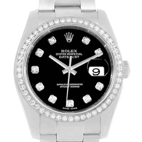 The image shows a Rolex Datejust 116244 Stainless Steel Black Dial 116244 Stainless Steel Black Dial watch face with diamond hour markers, date display, and a diamond bezel, viewed head-on.