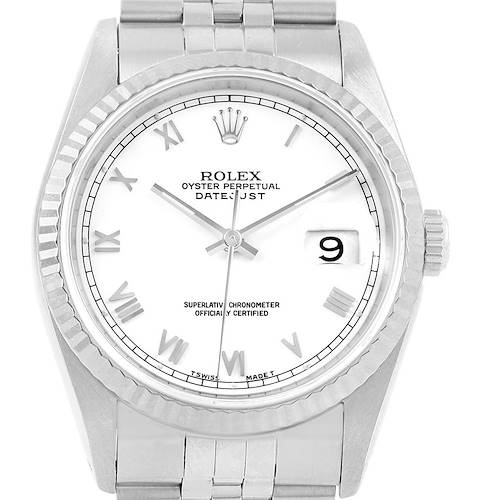 The image shows a front view of a Rolex Datejust 16234 Men's Stainless Steel White Dial 16234 Men's Stainless Steel White Dial watch featuring its dial, bezel, crown, and part of the bracelet.