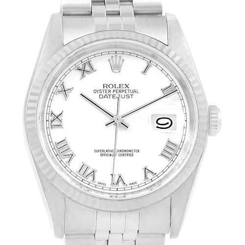 This image shows a top view of a Rolex Datejust 16234 Stainless Steel White Dial 16234 Stainless Steel White Dial watch displaying the dial, bezel, bracelet, and date window.