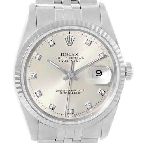 This image shows a front view of the Rolex Datejust 16234 Stainless Steel Silver Dial 16234 Stainless Steel Silver Dial watch, displaying the face with hour markers, hands, date window, and crown.