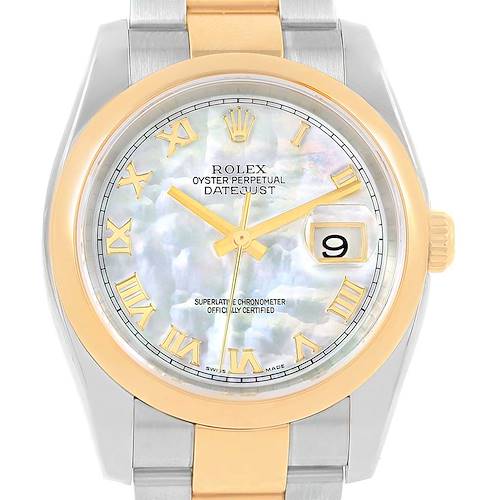 This image shows a front view of the Rolex Datejust 116203 Stainless Steel Mother of Pearl Dial 116203 Stainless Steel Mother of Pearl Dial watch, featuring the face, bezel, and part of the bracelet.