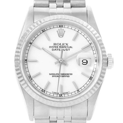 The image shows a front view of the Rolex Datejust 16234 Men's Stainless Steel White Dial 16234 Men's Stainless Steel White Dial watch, highlighting the face, bezel, and part of the bracelet.