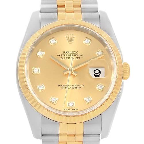 The image shows a frontal view of a Rolex Datejust 116233 Stainless Steel Champagne Dial 116233 Stainless Steel Champagne Dial watch, highlighting the dial, bezel, bracelet, and crown.