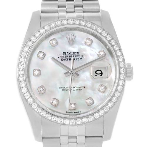 The image shows a front view of a Rolex Datejust 116244 Stainless Steel Mother of Pearl Dial 116244 Stainless Steel Mother of Pearl Dial watch, highlighting its face, bezel, and bracelet.