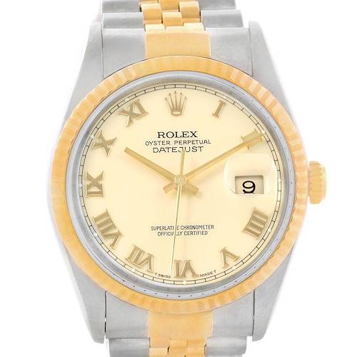 The Rolex Datejust 16233 Men's Steel and Gold (two tone) Beige Dial 16233 Men's Steel and Gold (two tone) Beige Dial watch is shown from a front angle, highlighting its dial, bezel, bracelet, and date window.