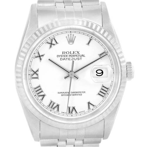 The image shows a front view of the Rolex Datejust 16234 Men's Stainless Steel White Dial 16234 Men's Stainless Steel White Dial watch, showcasing the dial, hands, date window, and part of the bracelet.