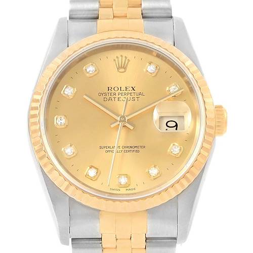 This image shows a front view of a Rolex Datejust 16233 Steel and Gold (two tone) Champagne Dial 16233 Steel and Gold (two tone) Champagne Dial watch, highlighting its gold dial, date window, and two-tone bracelet.