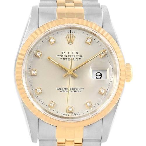 This image shows a front view of a Rolex Datejust 16233 Men's Steel and Gold (two tone) Silver Dial 16233 Men's Steel and Gold (two tone) Silver Dial watch, highlighting the face, bezel, and part of the bracelet.