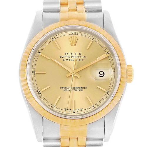 This image shows the Rolex Datejust 16233 Steel and Gold (two tone) Champagne Dial 16233 Steel and Gold (two tone) Champagne Dial watch from a front angle, displaying the dial, bezel, and part of the bracelet.