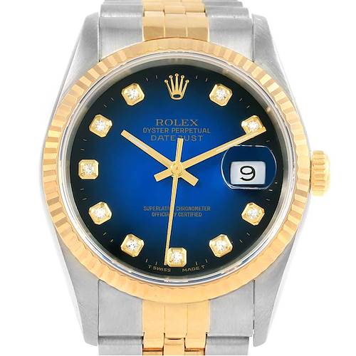 The image shows a front view of a Rolex Datejust 16233 Steel and Gold (two tone) Blue Dial 16233 Steel and Gold (two tone) Blue Dial watch, highlighting its blue dial, date window, and two-tone bracelet.