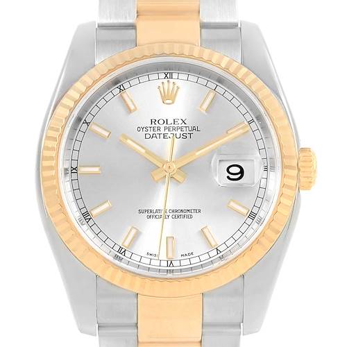 This image shows the front view of a Rolex Datejust 116233 Men's Stainless Steel Silver Dial 116233 Men's Stainless Steel Silver Dial watch, highlighting its dial, bezel, and part of the bracelet.