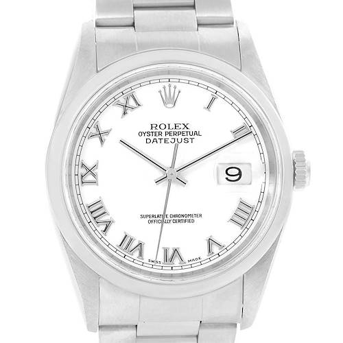The image shows a front view of a Rolex Datejust 16200 Men's Stainless Steel White Dial 16200 Men's Stainless Steel White Dial watch, highlighting its dial, hands, Roman numerals, date window, and bracelet.