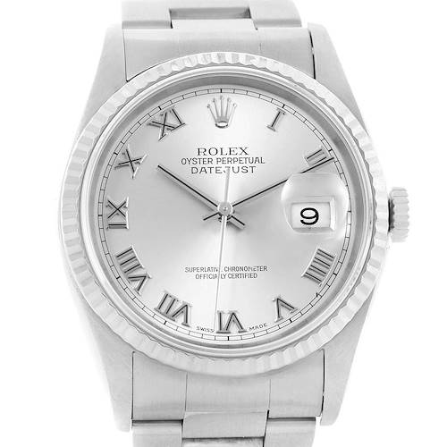 This image shows the front view of a Rolex Datejust 16234 Men's Stainless Steel Silver Dial 16234 Men's Stainless Steel Silver Dial watch, highlighting its dial, bezel, and bracelet.