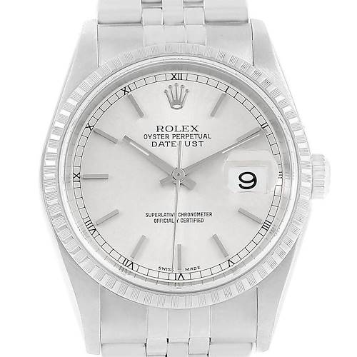 The Rolex Datejust 16220 Men's Stainless Steel Silver Dial 16220 Men's Stainless Steel Silver Dial watch is shown from the front, displaying its face, bezel, hands, date, and part of the bracelet.