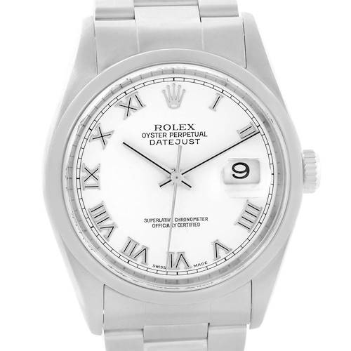 This image shows a Rolex Datejust 16200 Men's Stainless Steel White Dial 16200 Men's Stainless Steel White Dial watch from a front angle, displaying the dial, hands, date window, and part of the bracelet.