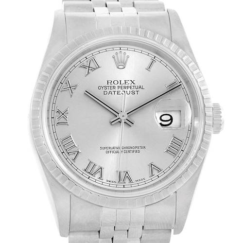The image shows a frontal view of a Rolex Datejust 16220 Men's Stainless Steel Silver Dial 16220 Men's Stainless Steel Silver Dial watch, highlighting the dial, hands, date window, and parts of the bracelet.