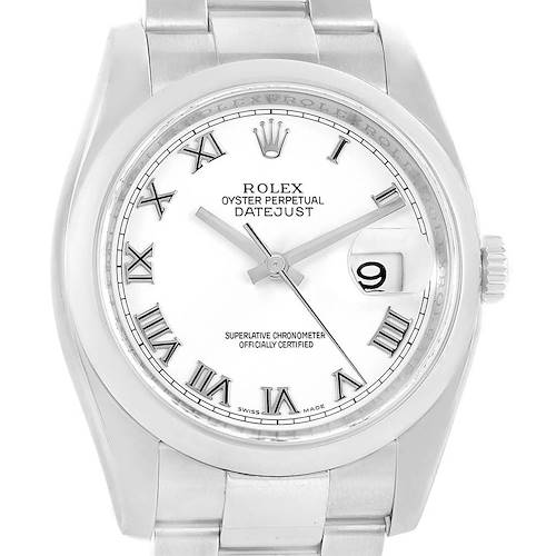 The image shows a front view of a Rolex Datejust 116200 Men's Stainless Steel White Dial 116200 Men's Stainless Steel White Dial watch, highlighting its dial, bezel, case, and part of the bracelet.