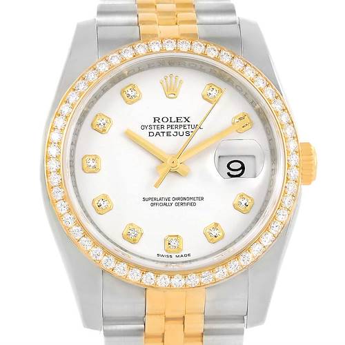 The image shows a front view of the Rolex Datejust 116243 Stainless Steel White Dial 116243 Stainless Steel White Dial, highlighting its white dial, diamond markers, date window, and two-tone bracelet.