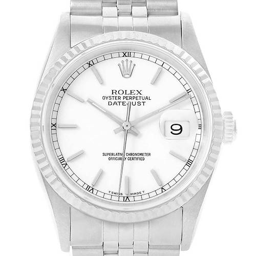 This is a front-facing view of a Rolex Datejust 16234 Men's Stainless Steel White Dial 16234 Men's Stainless Steel White Dial watch, showing the dial, bezel, crown, and Jubilee bracelet.