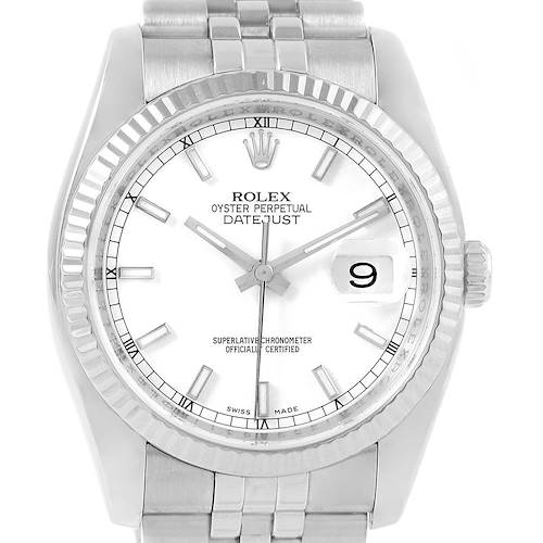 The image shows a frontal view of a Rolex Datejust 116234 Men's Stainless Steel White Dial 116234 Men's Stainless Steel White Dial watch, displaying the dial, bezel, crown, and bracelet.