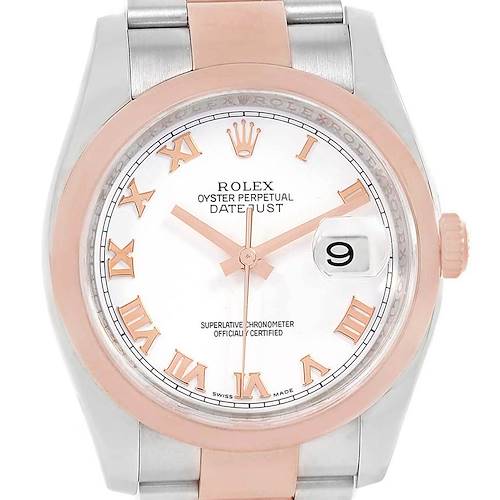 This image shows a front view of the Rolex Datejust 116201 Men's Steel and Gold (two tone) White Dial 116201 Men's Steel and Gold (two tone) White Dial watch, displaying its dial, bezel, hands, date window, and part of the bracelet.