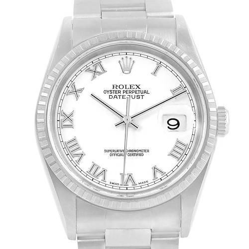 The image shows a frontal view of the Rolex Datejust 16220 Men's Stainless Steel White Dial 16220 Men's Stainless Steel White Dial watch, highlighting the face, bezel, and part of the bracelet.