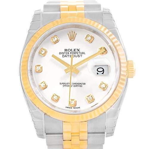 The image shows a frontal view of a Rolex Datejust 116233 Men's Stainless Steel White Dial 116233 Men's Stainless Steel White Dial watch displaying its face, bezel, and part of the bracelet.