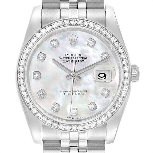 This image shows a Rolex Datejust 116244 Men's Stainless Steel Mother of Pearl Dial 116244 Men's Stainless Steel Mother of Pearl Dial watch from a top-down view, highlighting its dial, bezel, and part of the bracelet.