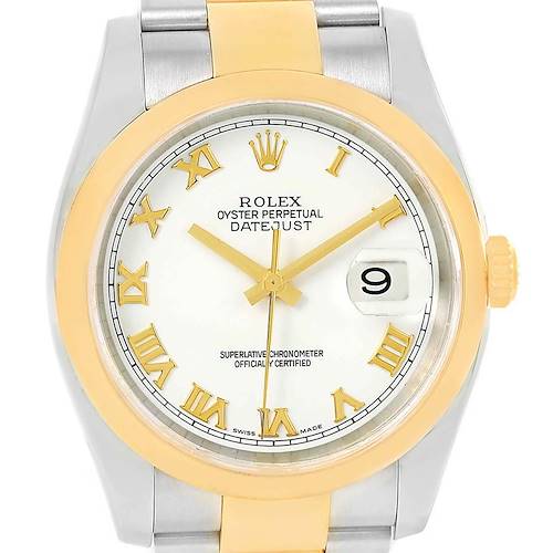 The image shows a front-view angle of a Rolex Datejust 116203 Men's Stainless Steel White Dial 116203 Men's Stainless Steel White Dial watch featuring a white dial, gold Roman numerals, and a gold and stainless steel case and bracelet.