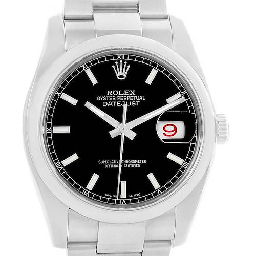 The image shows a front view of a Rolex Datejust 116200 Men's Stainless Steel Black Dial 116200 Men's Stainless Steel Black Dial watch with a stainless steel bracelet and a black dial showcasing the date window.