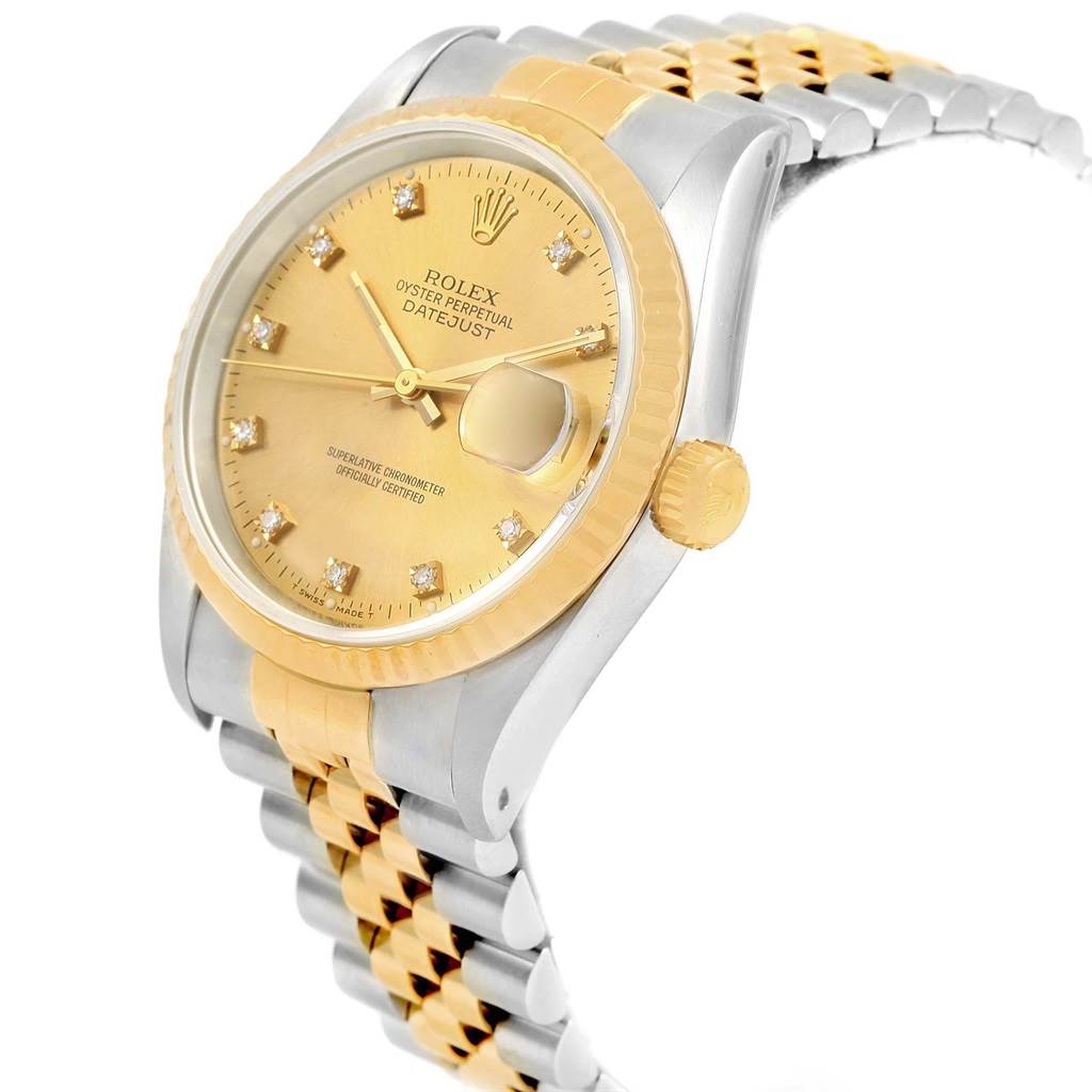 The Rolex Datejust 16233 Men's Steel and Gold (two tone) Champagne Dial 16233 Men's Steel and Gold (two tone) Champagne Dial watch is shown at a slight angle, highlighting its face, crown, and two-tone bracelet.