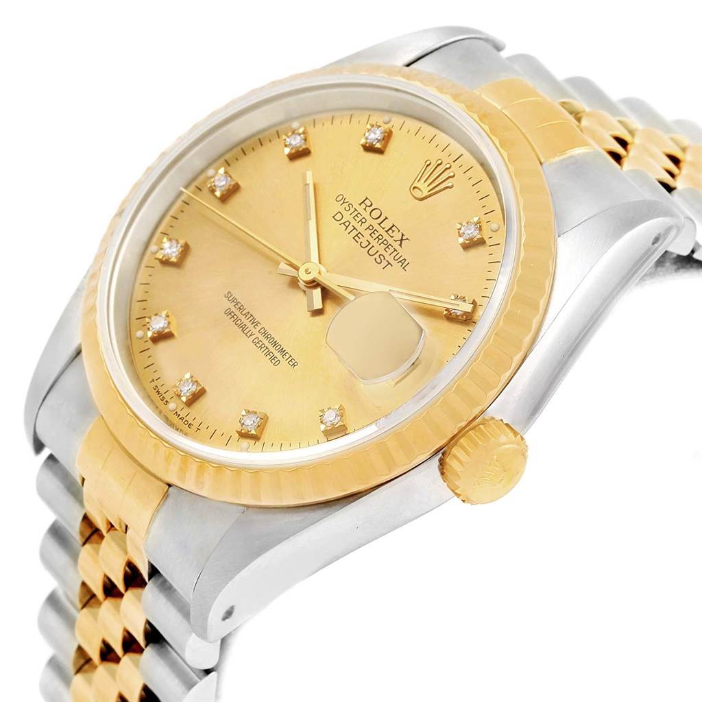 The image shows a close-up of the Rolex Datejust 16233 Men's Steel and Gold (two tone) Champagne Dial 16233 Men's Steel and Gold (two tone) Champagne Dial watch at an angle, highlighting the dial, crown, and part of the bracelet.