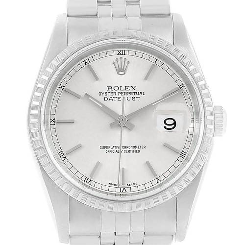 The Rolex Datejust 16220 Men's Stainless Steel Silver Dial 16220 Men's Stainless Steel Silver Dial watch is shown from a front angle displaying the dial, bezel, and part of the bracelet.