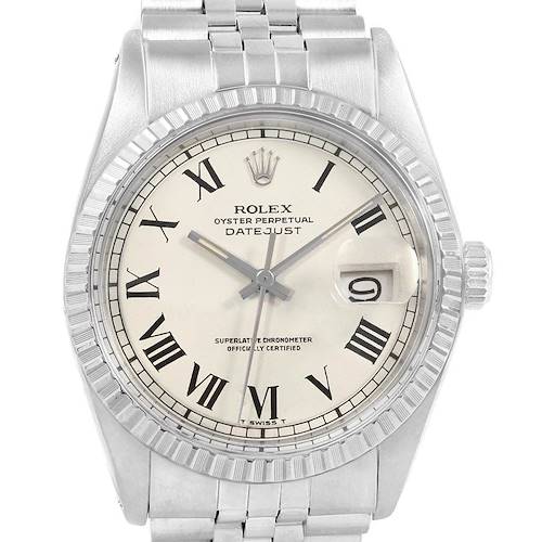 This image shows the front view of a Rolex Datejust 16030 Men's Stainless Steel White Dial 16030 Men's Stainless Steel White Dial watch, highlighting the face, Roman numerals, bezel, and bracelet.