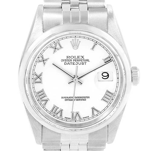 The image shows a front view of the Rolex Datejust 16200 Men's Stainless Steel White Dial 16200 Men's Stainless Steel White Dial watch, featuring a white dial, Roman numerals, and a date display.