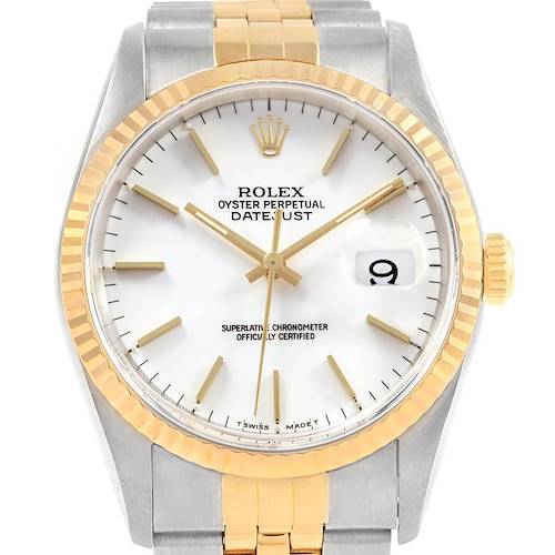 This image shows a front view of the Rolex Datejust 16233 Men's Steel and Gold (two tone) White Dial 16233 Men's Steel and Gold (two tone) White Dial watch, highlighting the dial, hands, date window, and part of the bracelet.