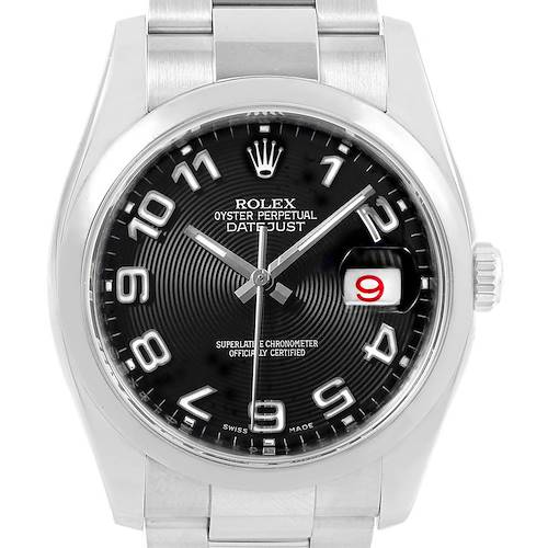 This image shows a front view of the Rolex Datejust 116200 Men's Stainless Steel Grey Dial 116200 Men's Stainless Steel Grey Dial watch, highlighting the dial, hour markers, hands, and bracelet.