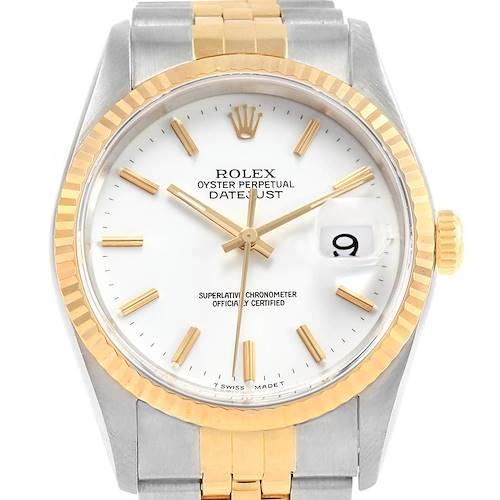The image shows the front view of a Rolex Datejust 16233 Men's Steel and Gold (two tone) White Dial 16233 Men's Steel and Gold (two tone) White Dial watch, featuring its dial, bezel, crown, and part of the bracelet.