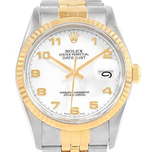 This image shows a front view of a Rolex Datejust 16233 Men's Steel and Gold (two tone) White Dial 16233 Men's Steel and Gold (two tone) White Dial watch, highlighting its face, fluted bezel, and part of the two-tone bracelet.