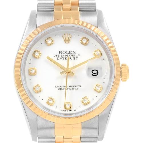The image shows a frontal view of the Rolex Datejust 16233 Men's Steel and Gold (two tone) White Dial 16233 Men's Steel and Gold (two tone) White Dial watch, highlighting its gold bezel, two-tone bracelet, dial, and date window.