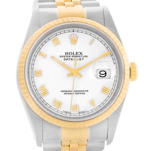The image shows a front view of a Rolex Datejust 16233 Men's Steel and Gold (two tone) White Dial 16233 Men's Steel and Gold (two tone) White Dial watch with a two-tone bracelet and a white dial featuring a date display.