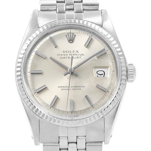 This image shows a front view of the Rolex Datejust 1601 Men's Stainless Steel Silver Dial 1601 Men's Stainless Steel Silver Dial watch, displaying the dial, bezel, and partial bracelet.