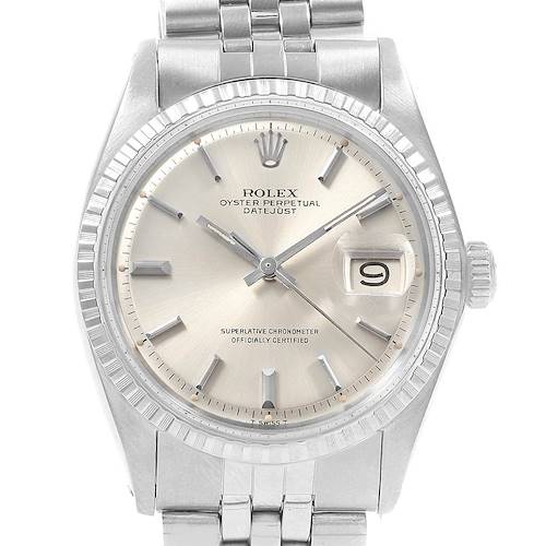 The image shows a front view of a Rolex Datejust 1601 Men's Stainless Steel Silver Dial 1601 Men's Stainless Steel Silver Dial watch, featuring its face, dial, bezel, and bracelet.