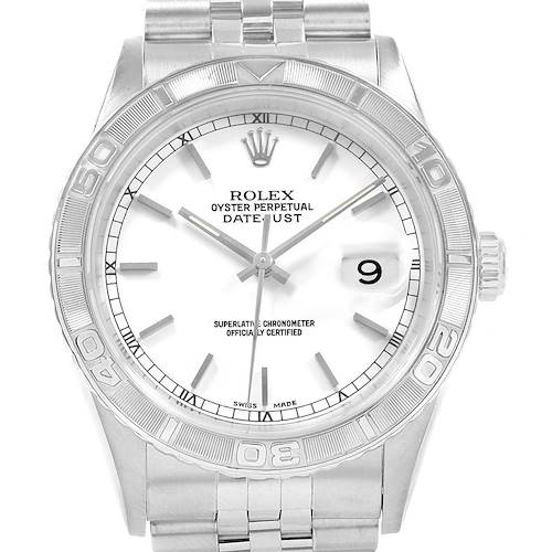 This image features a front view of a Rolex Datejust 16264 Men's Stainless Steel Silver Dial 16264 Men's Stainless Steel Silver Dial watch, showcasing its bezel, dial, hands, bracelet, and date window.