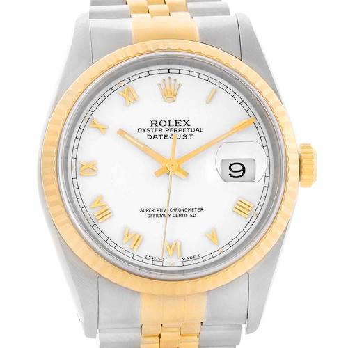 This image shows a front view of the Rolex Datejust 16233 Men's Steel and Gold (two tone) White Dial 16233 Men's Steel and Gold (two tone) White Dial watch, highlighting the dial, bezel, and part of the bracelet.