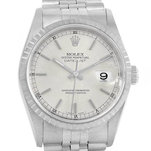This image shows a front view of the dial and bracelet of a Rolex Datejust 16220 Men's Stainless Steel Silver Dial 16220 Men's Stainless Steel Silver Dial watch.