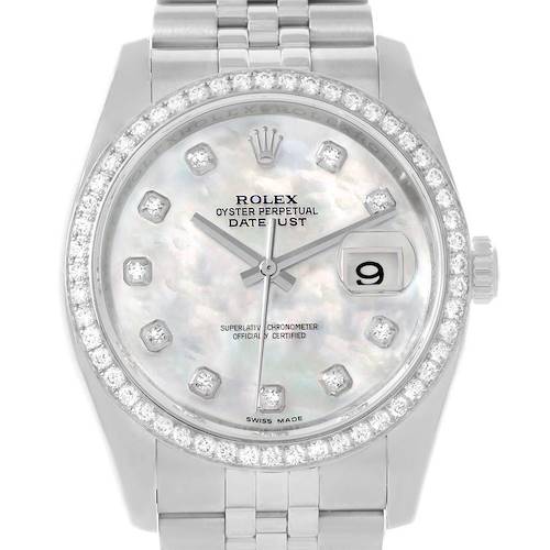 This is a front view of a Rolex Datejust 116244 Men's Stainless Steel Mother of Pearl Dial 116244 Men's Stainless Steel Mother of Pearl Dial watch, showing its dial, bezel, crown, and part of the bracelet.