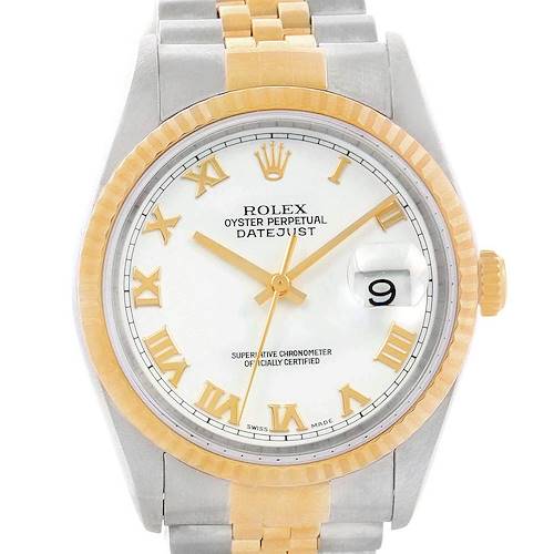 The image shows a front view of a Rolex Datejust 16233 Men's Steel and Gold (two tone) White Dial 16233 Men's Steel and Gold (two tone) White Dial watch, displaying the dial, bezel, case, crown, and part of the bracelet.