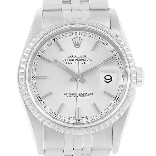 This image shows a front-facing view of the Rolex Datejust 16220 Men's Stainless Steel Silver Dial 16220 Men's Stainless Steel Silver Dial watch, focusing on its dial, hands, bezel, and bracelet.